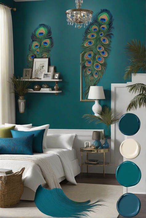 bedroom decorating, room interior design, interior design tools, home design software Peacock Colour Bedroom Ideas, Sherwin Williams Blue Peacock Bedroom, Peacock Colors Living Room, Sw Peacock Plume, Peacock Green Bedroom, Art Deco Wall Colors, Living Room Paint Color Ideas Green, Batten Wall Living Room, Peacock Bedroom Ideas