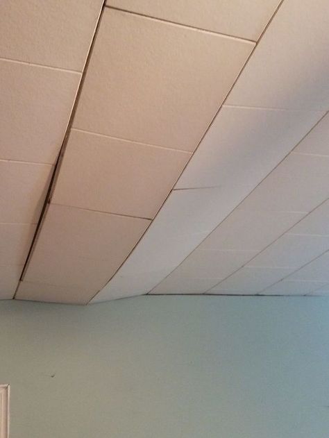 Easy Cheap Ceiling Ideas Diy, Replace Ceiling Tiles, Tile Ceiling Makeover, Replacing Ceiling Tiles, Diy Ceiling Tiles, Shower Ceiling Tile, Ceiling Tiles Ideas, Painting Ceiling Tiles, Ceiling Tiles Diy