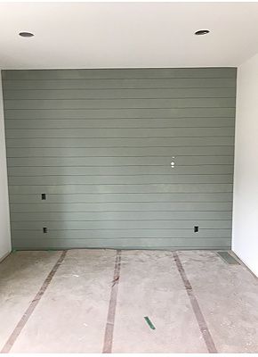 Colored Shiplap Accent Wall, Evergreen Fog Paint Strip, Sage Green Wall Accent, Blue Green Shiplap Wall, Evergreen Fog Shiplap Wall, Save Green Accent Wall Bedroom, Shiplap Wall Green, Green Shiplap Wall Nursery, Olive Green Shiplap Wall