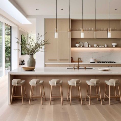 Neutral Luxury Kitchen, Neutral Modern Kitchen Ideas, Modern Light Wood Kitchen, Modern Minimalist Kitchen Design, Beige Modern Kitchen, Porcelanosa Kitchen, Fluted Kitchen Island, Neutral Kitchen Inspiration, Japandi House Design