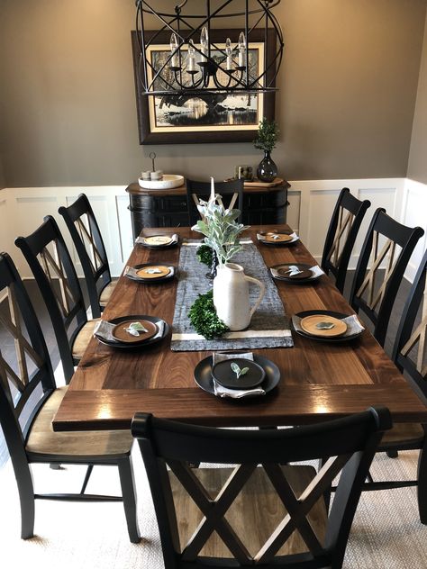 Dining Room Decor Walnut Table, White And Brown Dining Room, Black Base Dining Table, Dining Table Dark Bottom Light Top, Black Table In Kitchen, Farmhouse Black Dining Table, Black Rustic Dining Table, Dark Wood Dinning Table, Walnut Dining Table With Black Chairs