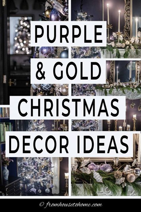 Purple And Gold Christmas Tree Ideas, Purple And Gold Christmas Decorations, Purple And Gold Christmas Tree, Gold Christmas Tree Decor, Purple Pillar Candles, Gold Christmas Decor Ideas, Interior Pillars, Purple Christmas Tree Decorations, Evergreen Garland