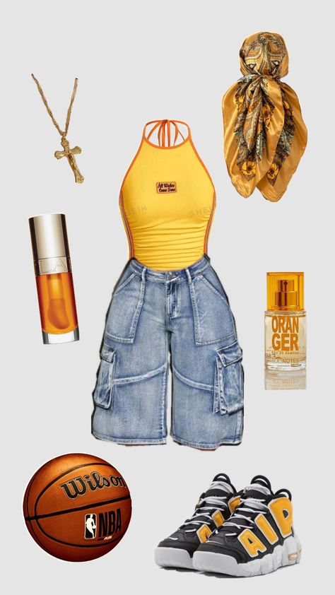 streetwear basketball women's outfit Check more at https://beautyfashionideas.com/uncategorized/streetwear-basketball-womens-outfit/ More Uptempo Outfit, Uptempo Outfit, Shorts Outfit Inspiration, Air More Uptempo Nike, Outfit Ideas Orange, Outfit Ideas Nike, Outfit Ideas Yellow, Baggy Shorts Outfit, Nike More Uptempo