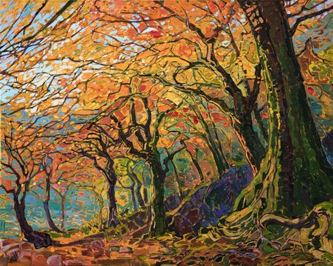 Kyoto maple trees fall color oil painting by master impressionist painter Erin Hanson. Colorful Tree Painting, Autumn Afternoon, American Impressionism, Erin Hanson, Contemporary Impressionism, Canvas Landscape, Nature Art Prints, Impressionism Painting, Impressionism Art