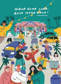 Hidup Kena Suka, Raya Tetap Raya ( Eid ) on Behance Hari Malaysia Poster Design, Eid Illustration Design, Eid Graphic Design, Eid Creative Poster, Sampul Raya Design, Hari Raya Poster, Hari Raya Illustration, Hari Raya Card, Poster Hari Raya