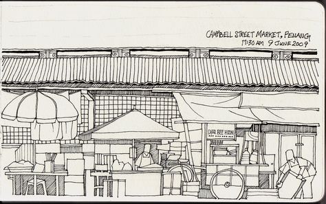 Market scene. Like the clean and simple style. Market Scene Drawing Easy, Market Scene, Penang Island, Lamy Safari, Some Drawings, Scene Drawing, Building Drawing, Street Market, Urban Sketchers