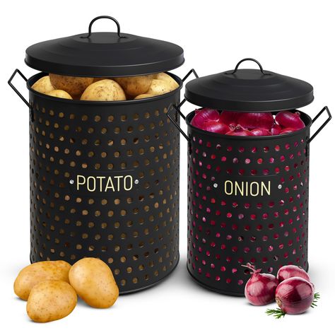 PRICES MAY VARY. ELEVATE YOUR KITCHEN ORGANIZATION with the Kitchlab Onion and Potato Storage Bins. This kitchen storage set is made from premium galvanized iron that ensures long-lasting and reliable bins for potatoes and onions for years to come KEEP PRODUCE FRESH by storing them in this potato onion storage bin. The ventilation holes of canisters sets for the kitchen ensures optimal airflow, preventing moisture build-up for fresh potatoes and onions every time ADD A TOUCH OF ELEGANCE to your Vegetable Fridge Storage, Onion Storage Container, Storage Ideas For Potatoes And Onions, Onion Storage In Kitchen, Onion Storage Ideas, Food Container Organization, Vegetable Organization, Onion And Potato Storage, Potato Storage Bin