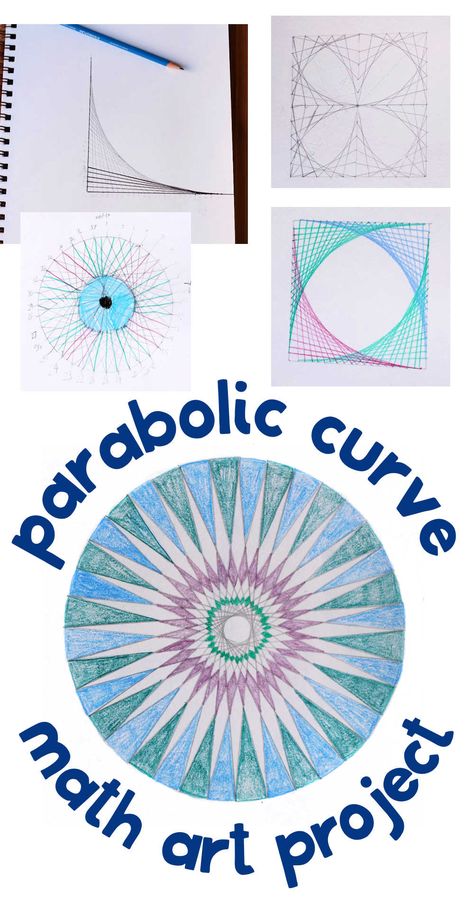 Learn about parabolas and parabolic curves with this math art project. Great for math class or STEAM and STEM subject learning Parabolic Curve Art, Math Stem Projects, Math Art Projects, Geometry Projects, Math Fact Practice, Art Project For Kids, Math Stem, Homeschool Programs, Project For Kids