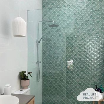 Fish Scale Tiles | Bathroom Fish Scale Tiles | TileCloud Fish Scale Tile Bathroom, Fish Scale Tiles, Scale Tile, Mermaid Tile, Fish Scale Tile, Guest Bathroom Remodel, Penny Round Mosaic, Green Fish, Modern Laundry Rooms