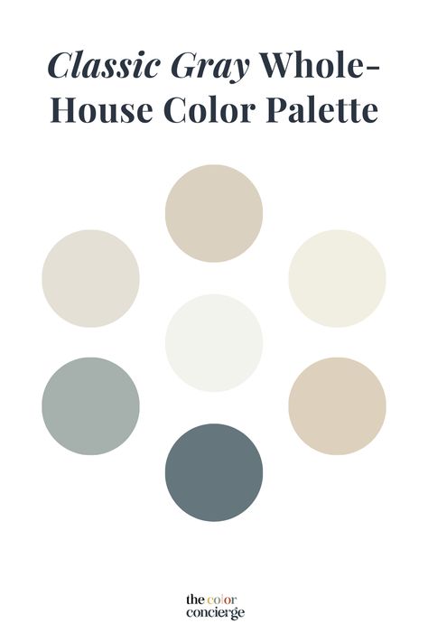 Snowbound Whole House Palette, Knoxville Gray Color Palette, Whole Home Paint Scheme Benjamin Moore, Classic Grey Coordinating Colors, Classic Gray Color Scheme, Bm Whole House Paint Scheme, White Dove Whole House Palette, Classic Interior Design Color Palette, Classic Living Room Color Palette