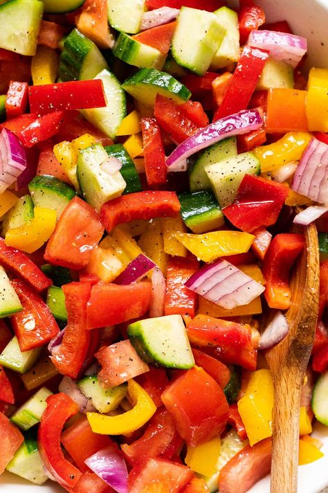 Tomato Cucumber Bell Pepper Salad - iFoodReal.com Cucumber Tomato Red Onion Avocado Salad, Cucumber Onion Pepper Salad, Pepper And Tomato Salad, Red Bell Pepper Salad, Raw Pepper Recipes, Raw Bell Pepper Recipes, Tomato Pepper Salad, Bell Pepper Cucumber Salad, Cucumber And Bell Pepper Salad