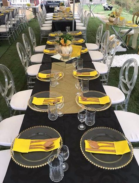 Black And Yellow Theme Party, Black Yellow And Gold Party Decorations, Black And Yellow Decorations, Black And Yellow Party Decor, Black And Yellow Wedding Decorations, Black And Yellow Table Decorations, Black And Yellow Wedding Theme, Yellow Decor Wedding, Mustard Wedding Theme