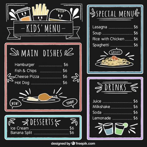 Kid's menu with color details and blackboard background Free Vector Chalkboard Menu Board, Chalkboard Restaurant, Chalkboard Coffee, Cafe Menu Boards, Cafe Chalkboard, Chalk Menu, Papan Menu, Blackboard Menu, Papan Tulis Kapur