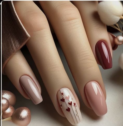 Nail Art Designs Red Colour, Neutral Nails With Heart Design, Fall Nail Ideas Burgundy, Fall Nails Almond Shape Burgundy, Neutral Gel Nail Colors Classy, Autumn Natural Nails, Nokti Za Jesen 2024, Cute Almond Nails Design Fall, Nude Nails With Designs Art Ideas