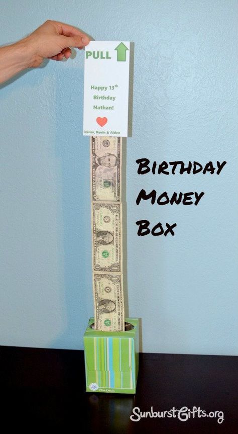 Easy Peasy Birthday Money Box: The birthday money box is fun to give and receive because when the gift recipient pulls on the card that says “PULL UP,” they will be surprised with a really long strand of cash that continues to come out as they keep pulling and pulling and pulling! It's so easy to make. All you need is a tissue box, cash, tape and paper. Creative Ways To Give Money, Ways To Give Money, Money As A Gift, Presente Diy, Money Cake, Creative Money Gifts, Birthday Money, Ge Bort, Cash Gift