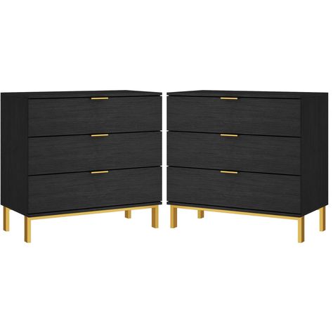 PRICES MAY VARY. Black and Gold Nightstand - This nightstand features 3 spacious drawers, each of which has a width of 27.6" and a depth of 11.8", allowing to well organized your bedroom stuff. The 29.7 inch height would perfectly suit most of beds, making convenience to store and reach items. The comfortable color combination and wood grain surface makes it really attractive for your bedroom or living room. Multi-use - Not just considered as a nightstand, this black 3 drawer dresser would make Black Nightstand Bedroom Overstock, Modern Bedroom Furniture Black, Modern Boho Bedroom With Black Furniture, Bedside Table With Black Accent Wall, Black Gold Nightstand Bedroom, Boack Bedroom Furniture, Beige And Black Nightstand, Black And Gold Bed Side Table, Modern Boho Bedroom Black Furniture