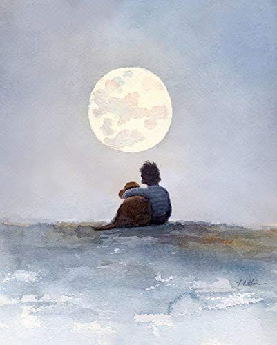 Friend Art, Boy And His Dog, Urbane Kunst, Look At The Moon, Moon Art Print, Friend Friendship, Watercolor Images, Art Et Illustration, Dog Illustration