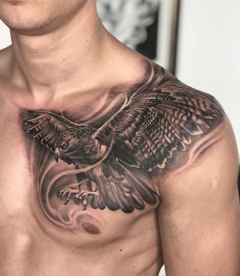 Hawk Chest Tattoo Men, Eagle Tattoo On Shoulder, Pec Tattoo Men Ideas, Chest Tattoo Eagle, Shoulder Chest Tattoo Men, Chest Shoulder Tattoo Men, Eagle Chest Tattoo Men, Chest And Shoulder Tattoo For Men, Eagle Tattoo Chest