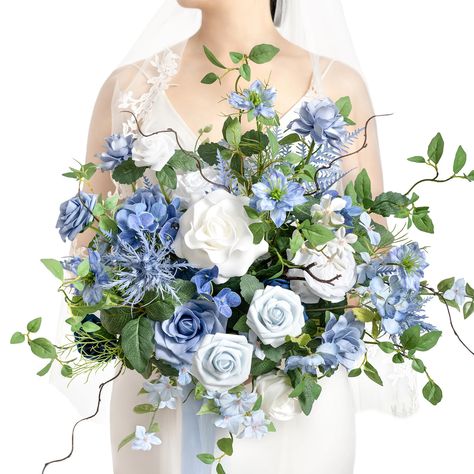 PRICES MAY VARY. Package: A 15 In Silk Free Form Dusty Blue and Green Wedding Bouquets for Bride with 3 ribbons wrapped on a card. Size: The Light Blue and Green Bridal Bouquets for Wedding is approx. 15" wide by 20" tall (includes sagging greenery) match with dusty blue/grey/ivory white chiffon ribbon. Well-designed: From choosing a color palette from natural scenery to styling, these are intricately designed by Ling's Moments experienced designers. This elegant Cascading Bridal Bouquet will he Sage Green Wedding Flowers, Blue Wedding Flowers Bouquet, White Bridal Bouquets, Artificial Bridal Bouquets, Isabela Madrigal, Green Wedding Bouquet, Green Wedding Flowers, Bridal Bouquet Blue, Winter Wedding Bouquet