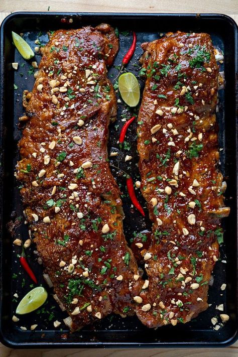 Super easy homemade slow cooker ribs in a tasty Thai style sweet chili BBQ sauce! Tasty Thai, Slow Cooker Ribs, Thai Dishes, Bbq Ribs, Asian Flavors, Rib Recipes, Thai Style, Pork Dishes, Sweet Chili