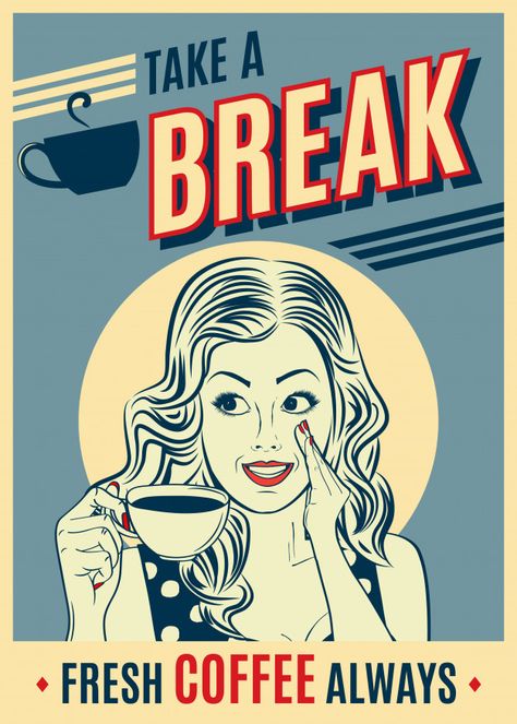 Advertising coffee retro poster with pop art woman. Premium Vector Retro Pop Art Poster, Coffee Pop Art, Pop Art Cafe, Retro Art Aesthetic, Retro Banner, Pop Art Vintage, Sejarah Kuno, Poster Vintage Retro, Pop Art Retro