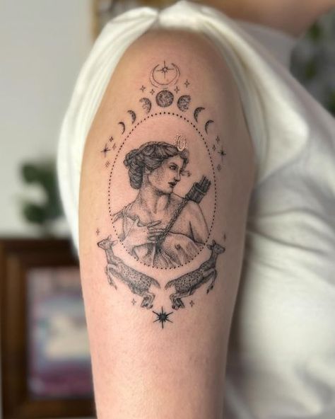 Anna Elizabeth Johnson on Instagram: "Artemis inspired by Guillaume Seignac ✨🌙

#tattoos #tattoo #botanicaltattoo #finelinetattoo #cutetattoo #smalltattoo #uktattoo #girlytattoo #naturetattoo #femaletattooartist #tattooideas #tattooinspiration #prettytattoo #illustrativetattoo #vintagetattoo #fairytaletattoo #greekmythology #goddess #greektattoo #artemis #arttattoo #artemistattoo #deertattoo #ornamentaltattoo" Artemisia Gentileschi Tattoo, Artemis Statue Tattoo, Diana Goddess Tattoo, Goddess Diana Tattoo, Artemis And Apollo Tattoo, Artemis Tattoo Design, Huntress Tattoo, Ophelia Tattoo, Abba Tattoo