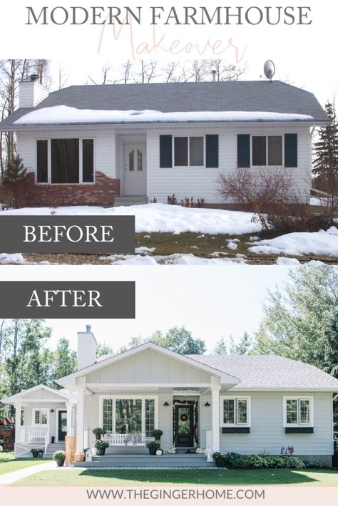 A Modern Farmhouse Style Exterior Makeover - The Ginger Home Modern Farmhouse Style Exterior, Small House Makeover, Exterior Home Makeover, Farmhouse Style Exterior, Renovation Exterior, Exterior House Renovation, Architecture Renovation, Ranch House Exterior, Exterior House Remodel