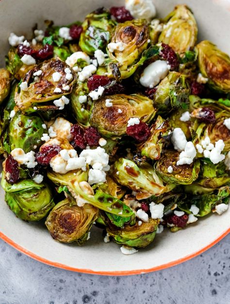 Bacon Cranberry Brussel Sprouts, Brussels Sprouts With Blue Cheese, Brussel Sprout Recipes Cranberries, Brussel Sprouts Feta Cranberry, Salad Goat Cheese Cranberries, Sides With Goat Cheese, Goat Cheese And Brussel Sprouts, Bacon Goat Cheese Brussel Sprouts, Appetizers With Brussel Sprouts