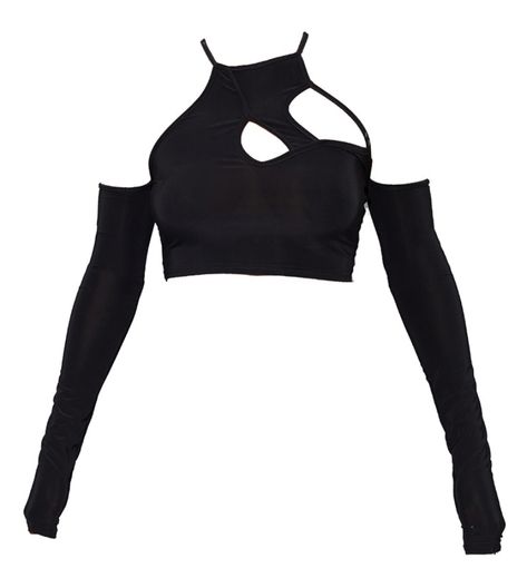 Black Crop Top Aesthetic, Black Top Outfit Aesthetic, Cut Out Top Outfit, Cutout Top Outfit, Long Sleeve Crop Top Outfits, Cutout Outfit, Long Sleeve Cropped Top Outfits, Asymmetrical Outfit, Asymmetrical Crop Top