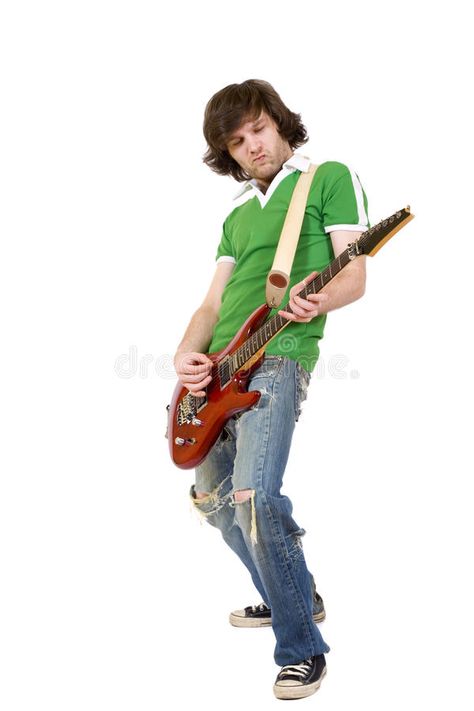 Rock Guitar Pose Reference, Playing Guitar Pose Reference Perspective, Bass Guitar Poses, Playing A Guitar Pose, Man Playing Guitar Reference, Rock Band Pose Reference, Stock Image Pose Reference, Poses Reference Guitar, Male Guitarist Pose Reference