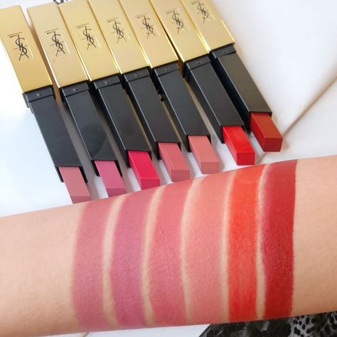 YSL Rouge Pur Couture The Slim Matte Lipstick SWATCHES - Beauty Trends and Latest Makeup Collections | Chic Profile Ysl Rouge Pur Couture, Ysl Lipstick, Ysl Makeup, Lip Scrub Diy, Lipstick Designs, Lipstick Brands, Ysl Beauty, Lipstick Swatches, Latest Makeup