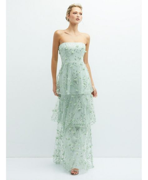 in stock Prom Dress Inspo, Dessy Collection, Floral Bridesmaid Dresses, Tiered Maxi Skirt, Floral Embroidered Dress, Green Prom Dress, On Air, Gorgeous Gowns, Custom Dresses