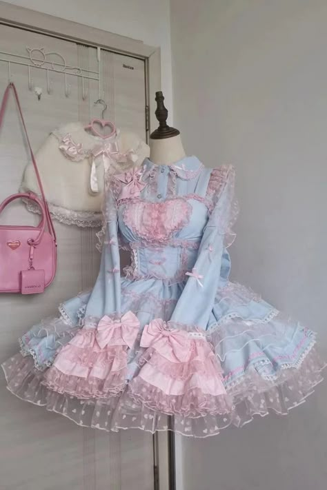 Blue/Pink Pray Multi-Layered Ruffle Lace Sweet Princess Lolita Jsk Dr – LolitaInside Candy Theme Dress, Aesthetic Pink Clothes, Fairy Core Clothes, Cozy Fall Outfits Aesthetic, Pink And Blue Outfit, Kawaii Clothes Aesthetic, Pink And Blue Aesthetic, Cute Aesthetic Outfits, Summer Wedding Gowns