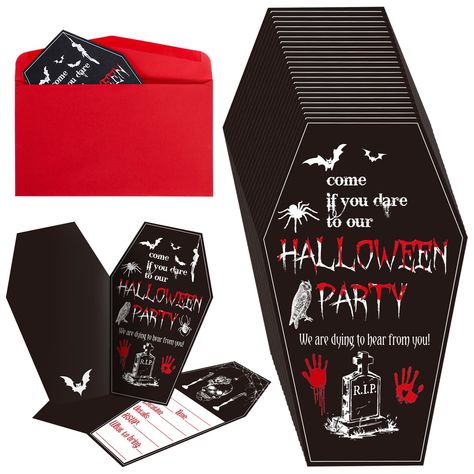 PRICES MAY VARY. COFFIN STYLE DESIGN: 20pcs Halloween party invitation cards and 20pcs envelopes are contained in the package, designed in shape of coffin style, creepy and full of holiday atmosphere, sufficient quantity to meet your needs for party. IDEAL HALLOWEEN PARTY SUPPLIES: Printed with patterns of tombstone, bat, spider, skull, and more, with popular Halloween elements, creepy and weird, the party invitation set will enhance scary atmosphere for your party or theme activities, adding mo Goth Invitations, Halloween Party Invitations For Adults, Goth Masquerade, Halloween Invites, Horror Themed Party, Slasher Horror, Spooky Birthday, 25th Bday, Spider Skull