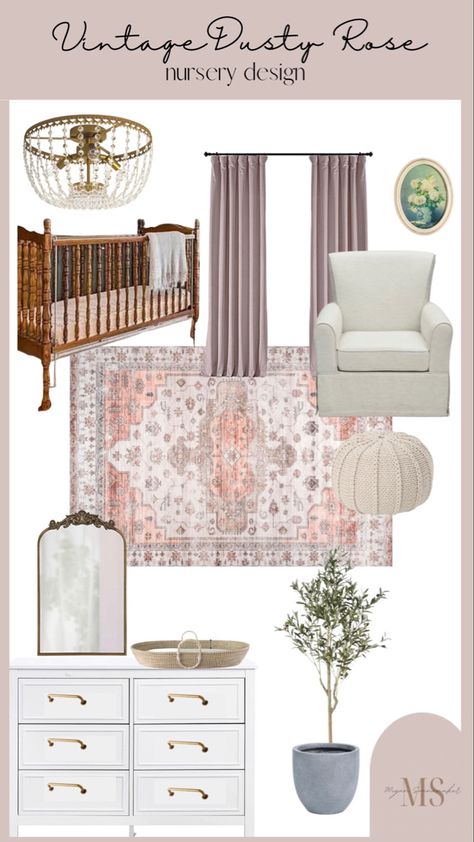 Olive And Pink Nursery, Dark Purple Nursery Ideas, Green And Mauve Nursery, Sage And Mauve Nursery, Vintage Nursery Decor Ideas, Eclectic Nursery Girl, Sage Green And Blush Nursery, Mauve Baby Nursery, Purple And Green Nursery