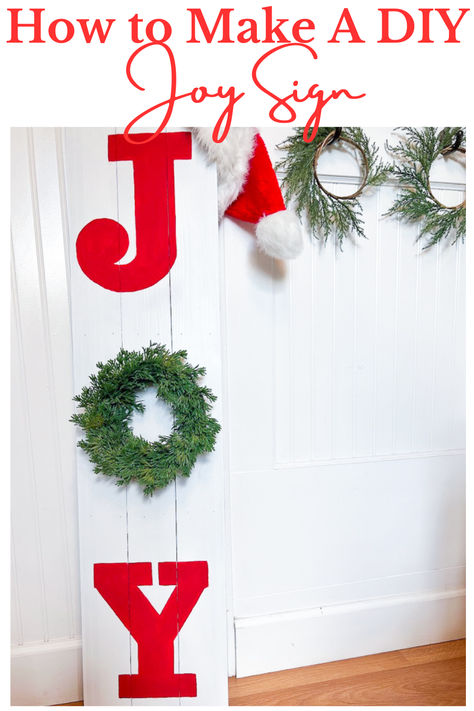 This DIY Christmas JOY sign is a simple yet fun project that will bring a touch of joy to your outdoor space. Using white spray paint, red paint, a wreath, and a few letters I printed out at home, and scrap wood, I was able to create this festive front porch sign for the holidays! Christmas Joy Sign, Christmas Extravaganza, Diy Joy, Christmas Displays, Joy Sign, Front Door Wreaths, Handmade Christmas Crafts, Christmas 3d, Fun Crafts To Do