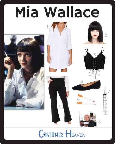 Cool Female Movie Characters, Pulp Fiction Cosplay, Mia Costume Pulp Fiction, Fictional Characters Outfit Ideas, Mia Pulp Fiction Halloween, Pulp Fiction Mia Wallace Costume, Halloween Costumes Pulp Fiction, Pulp Fiction Couple Costume, Mia Pulp Fiction Costume