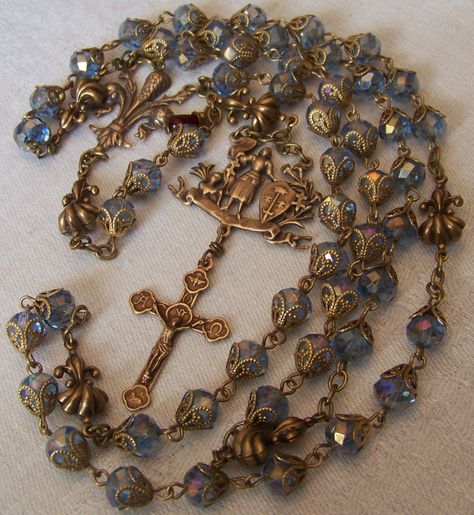 Joan of Arc Rosary Blue Catholic Aesthetic, French Christian Gothic Jewelry, Pretty Rosaries, Rosary Aesthetic, St Joan Of Arc, Blue Rosary, Vintage Rosary, St Joan, Catholic Rosary