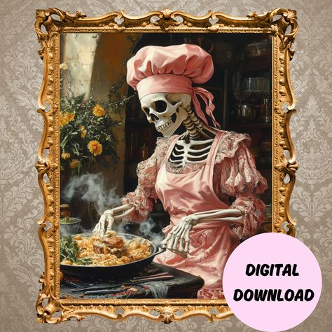 Skeleton Woman Chef Wall Art, Pink Apron Kitchen Decor,Digital Download,home wall decor, kitchen decor,skeleton art ,spooky kitchen decor Creepy Food Art, Recipe Artwork, Skeleton Woman, Spooky Kitchen, Pink Apron, Wall Decor Kitchen, Food Artwork, Apron Kitchen, Wall Art Pink