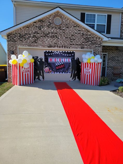 Made these giant popcorn boxes for Movie night props Movie Theater Party Ideas Diy, Popcorn Movie Birthday Party, Movie Night In The Park Ideas, Outdoor Movie Theater Backyard Party, Movie Theme Birthday Party Costume, Outside Movie Night Birthday Party Ideas, Backyard Movie Party Decorations, Movie Birthday Decorations, Movie Night Ideas Party