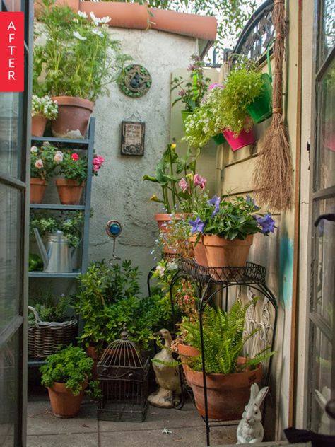 Before & After: Plain Patio to Secret Garden | Apartment Therapy Apartment Patio Gardens, Small Patio Design, Balkon Decor, Small Courtyard Gardens, Courtyard Gardens Design, Small Patio Garden, Small Courtyards, Magic Garden, Garden Area