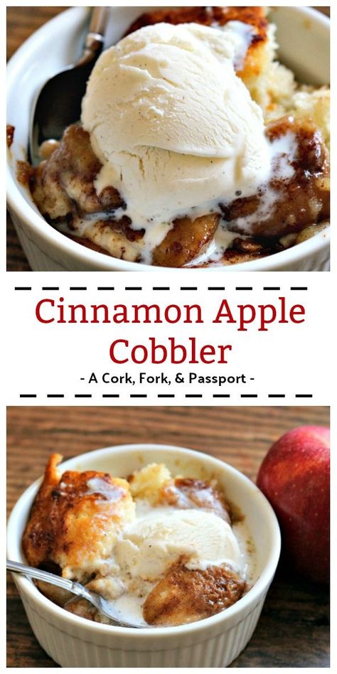 An easy and delicious homemade dessert with cinnamon and fresh apples baked in a cake-like batter, perfect for fall.  #fallrecipe #apples #dessert #cobbler Apple Cobbler For One, Cinnamon Apple Cobbler Recipe, Rich’s Department Store Recipes, Christmas Cobbler Recipes, Desserts With Chili, Apple Baked Goods Recipes, New Thanksgiving Recipes Dessert, Classic Desserts American, Thanks Giving Food Thanksgiving