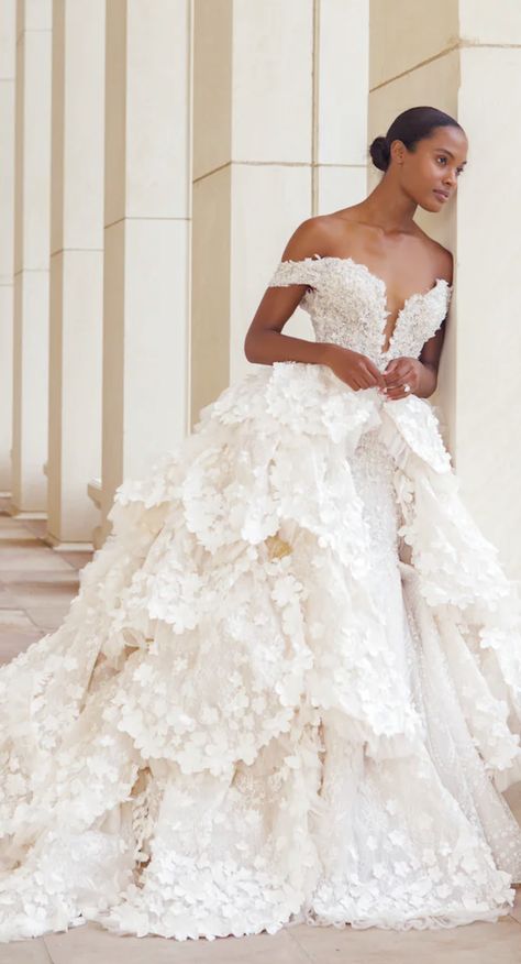 Petal Train with 3D floral appliques adorn a glitter chantilly lace skirt Wedding Dress 2024 Trend, Sweetheart Neck Wedding Dress, Bridal 2023, Strapless Wedding Dresses, Queen Wedding Dress, Dresses 15, Dress For Bride, Glam Wedding Dress, Ball Gown Dress