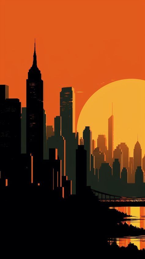 Minimalist phone wallpaper showcasing a striking orange background and a contrasting New York City skyline, tailored for Android and iPhone devices with a lively, contemporary appeal. City Background Digital Art, City Digital Drawing, Blue Orange Wallpaper Aesthetic, City Silhouette Illustration, Cityscape Illustration Vector, Iphone Hd Wallpaper Backgrounds, Orange Aesthetic Painting, City Silhouette Art, City Background Illustration