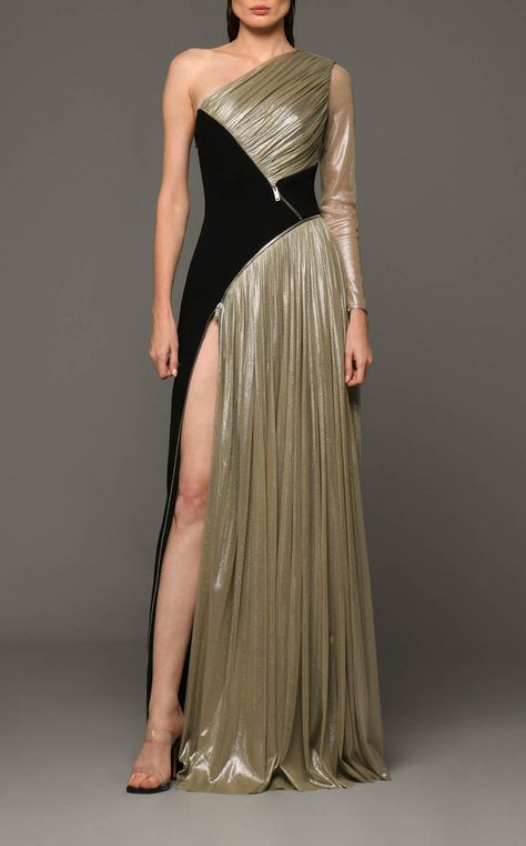 Couture dresses are known for being exquisite in all aspects, from material selection to crafting to final presentation. Shop couture gowns at NewYorkDress now! Couture Dresses Gowns, Jean Louis Sabaji, Cocktail Length Dress, Pleated Satin Dress, Couture Evening Dress, Haute Couture Gowns, Fashion Forms, Bespoke Fashion, Asymmetrical Neckline