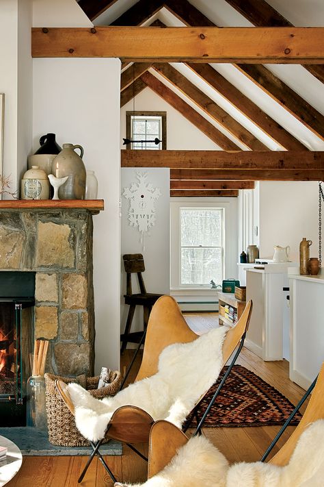 Cozy Cabin Farmhouse, Cabin With Beams, Modern Cabin Remodel, Modernizing A Log Cabin, White Cabin Interiors, Cozy Modern Cabin Interior, Modernized Log Cabin Interior, Historic Cabin Interior, Rustic Modern Cabin Interior Kitchen