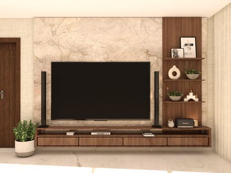 Wooden modular TV unit with marble wall tile Wooden Tv Units In Living Room, Tile Tv Unit, Traditional Tv Unit Design, Tv Unit Design Simple, Tv Unit With Marble, Modular Tv Unit Design, Brown Tv Unit, Wooden Tv Wall, Tv Unit Wall Design