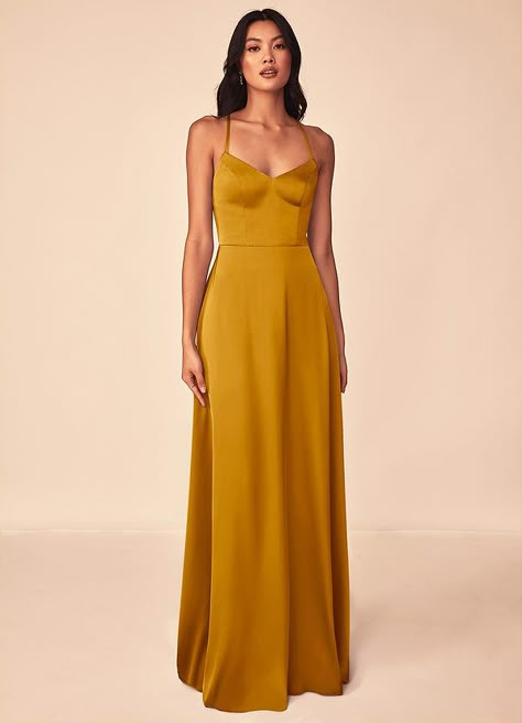 Azazie Mei Stretch Satin Dress Bridesmaid Dresses | Azazie Dark Yellow Formal Dress, Mustard Formal Dress, Butterscotch Bridesmaid Dresses, Mustard Dress Outfit Wedding, Mustard Yellow Long Dress, Dark Yellow Dress, Mustard Yellow Bridesmaid Dresses, Sunset Bridesmaid Dresses, Marigold Bridesmaid Dresses