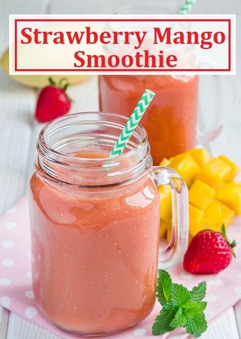 This strawberry mango smoothie pairs delicious fruit with creamy Greek yogurt. It's a fruit and dairy lover's dream beverage! #strawberrymango #strawberrysmoothie #Mangosmoothie #breakfastsmoothie High Calorie Smoothies, Blueberry Muffin Smoothie, Pomegranate Smoothie, Strawberry Mango Smoothie, Healthy Breakfast Choices, Mango Smoothie Recipes, Almond Smoothie, Beet Smoothie, Nutribullet Recipes