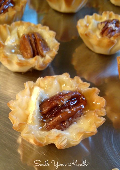 Salted Pecan Brie Tartlets with Honey Drizzle Christmas Horderves, Easy Appitizer, Brie Tarts, Brie Tartlets, Paradise Drink, Thanksgiving Tea, South Your Mouth, Phyllo Cups, Brie Bites